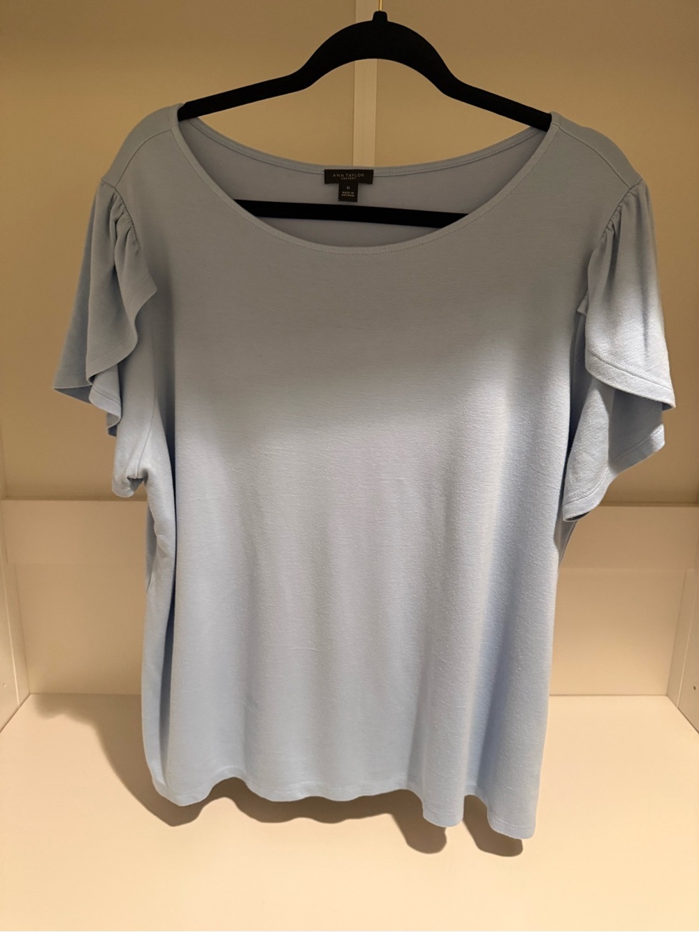 Ann Taylor Light Blue Ruffle Short Sleeve Scoop Neck Top